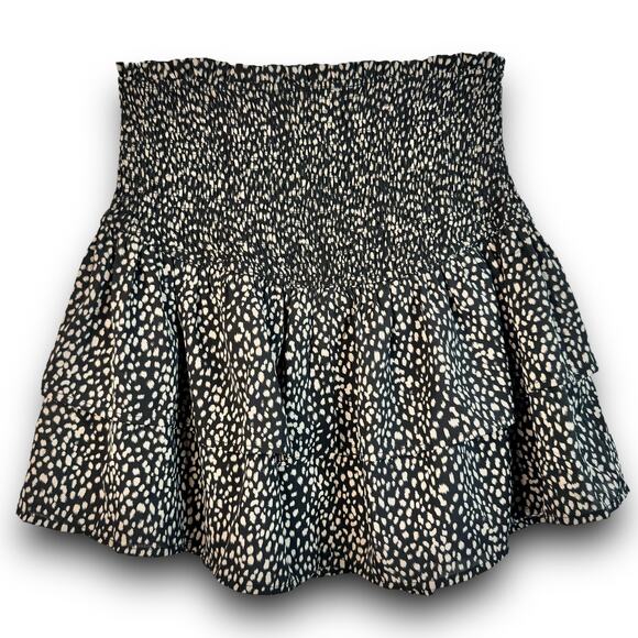 L Love High Waisted Ruffle Mini Skirt Smocked Waist Black Tan Spots Size Small - Picture 4 of 6